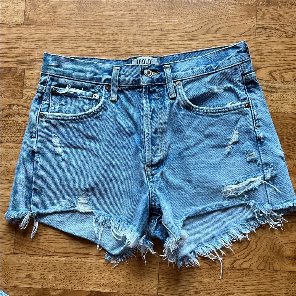 Agolde Women's Frayed Hem Jean Shorts - Light Blue